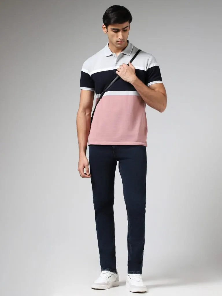 WES Casuals Dusty Pink Striped Cotton Blend Slim-Fit Polo T-Shirt