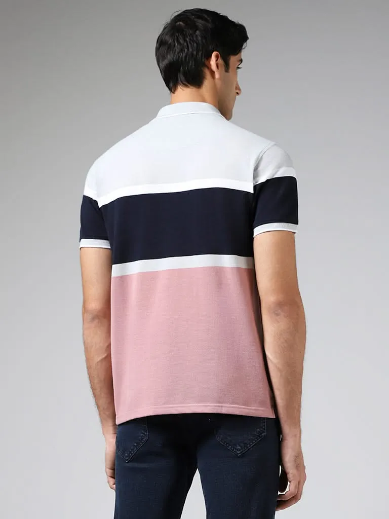 WES Casuals Dusty Pink Striped Cotton Blend Slim-Fit Polo T-Shirt