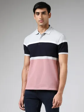 WES Casuals Dusty Pink Striped Cotton Blend Slim-Fit Polo T-Shirt