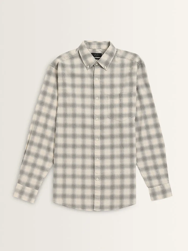 WES Casuals Sage Checkered Relaxed-Fit Cotton Blend Shirt