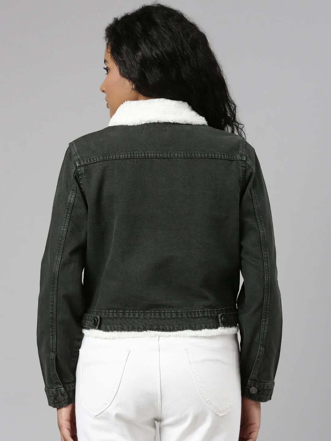 Women Olive Solid Denim Jacket