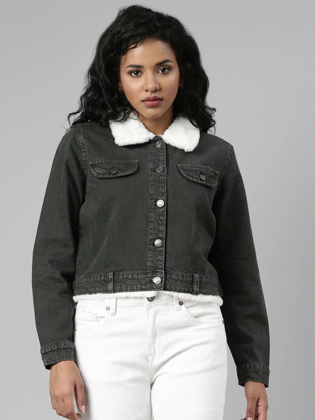 Women Olive Solid Denim Jacket