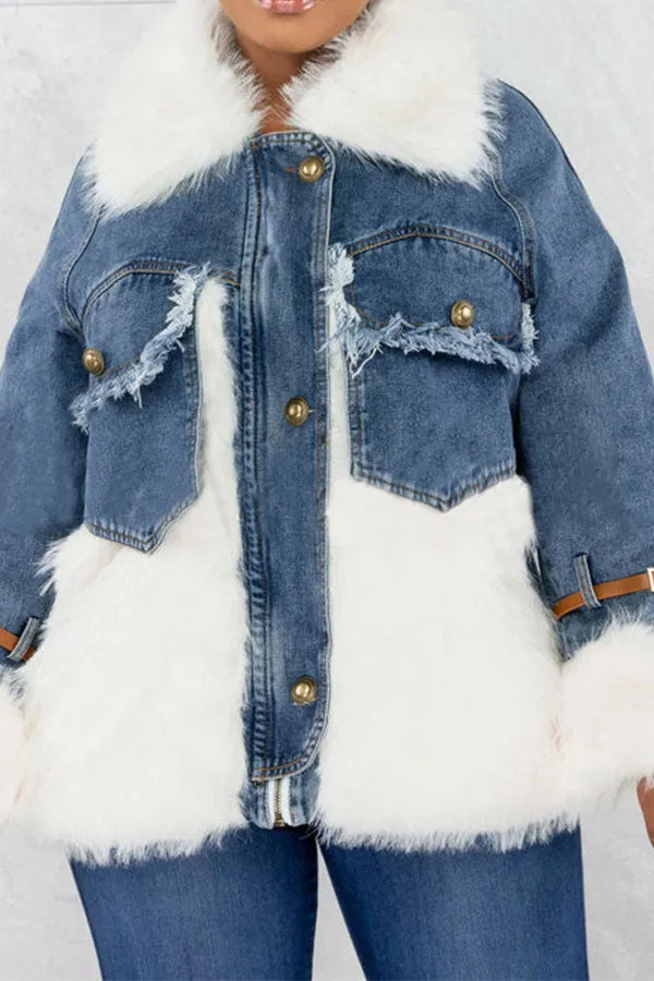 xiangtuibao Faux Fur Patchwork Casual Denim Coat