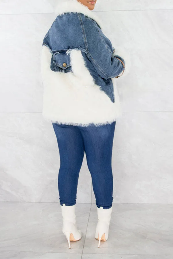 xiangtuibao Faux Fur Patchwork Casual Denim Coat