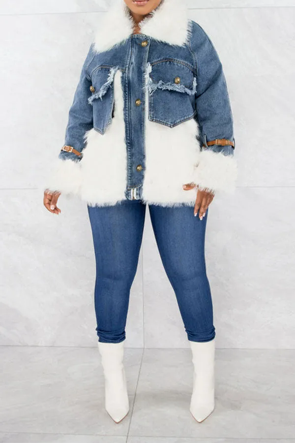 xiangtuibao Faux Fur Patchwork Casual Denim Coat