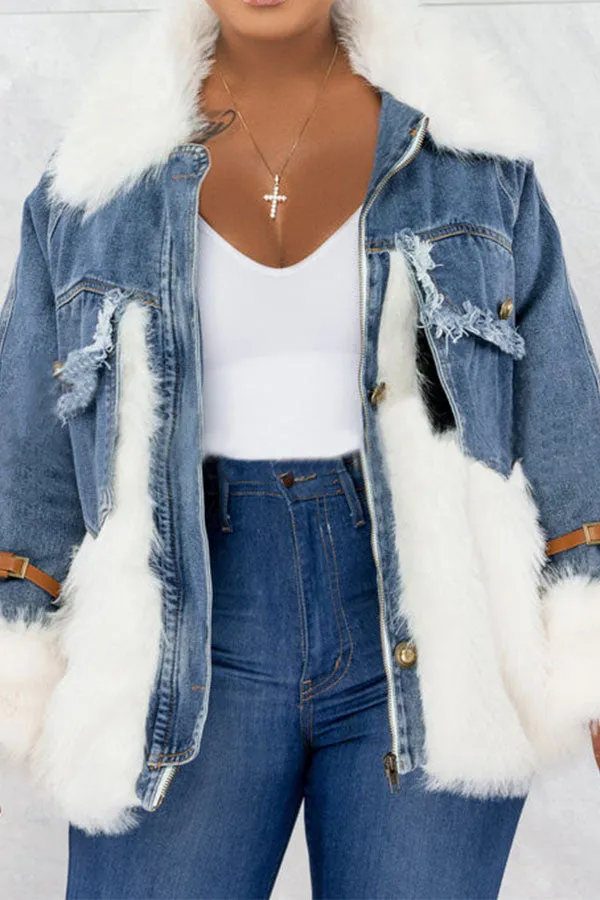 xiangtuibao Faux Fur Patchwork Casual Denim Coat