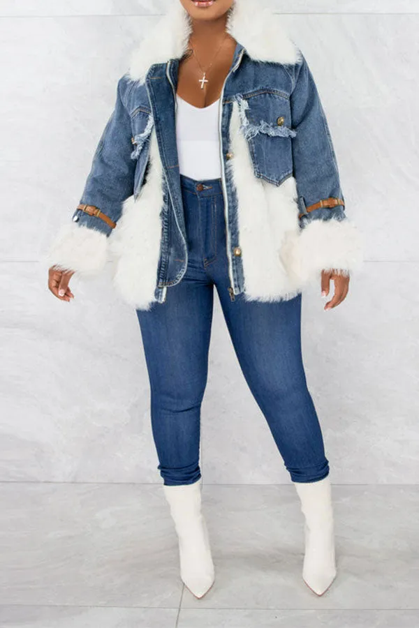 xiangtuibao Faux Fur Patchwork Casual Denim Coat